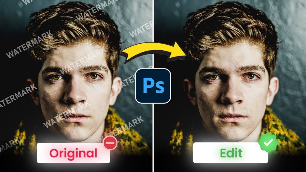 Before and after using Photoshop software to remove watermark